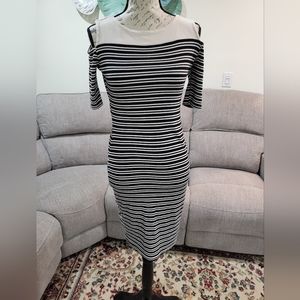 Ladies 8 Monteau LA Black & White Striped Midi Dress - Size Medium UK 8 10